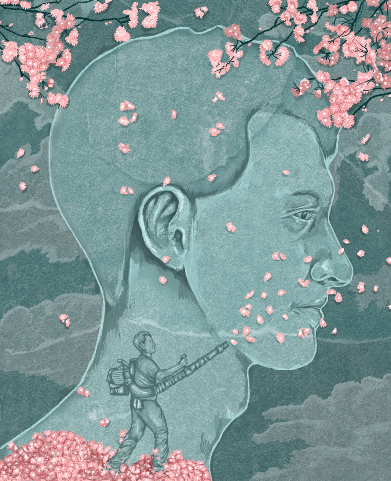 Profile illustration of a figure with pink flowers blooming from their head and a tiny astronaut figure within their neck area, surrounded by flowering branches and clouds against a teal background