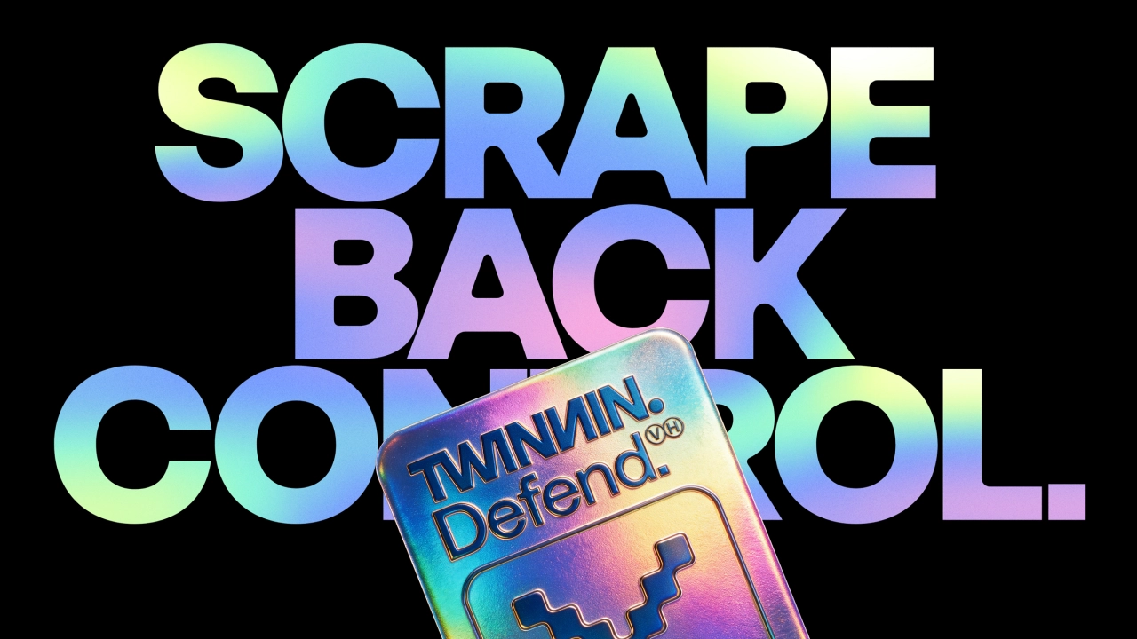 Colourful gradient text reading "Scrape Back Control" with a Twinnin Defend product box overlaid on a black background