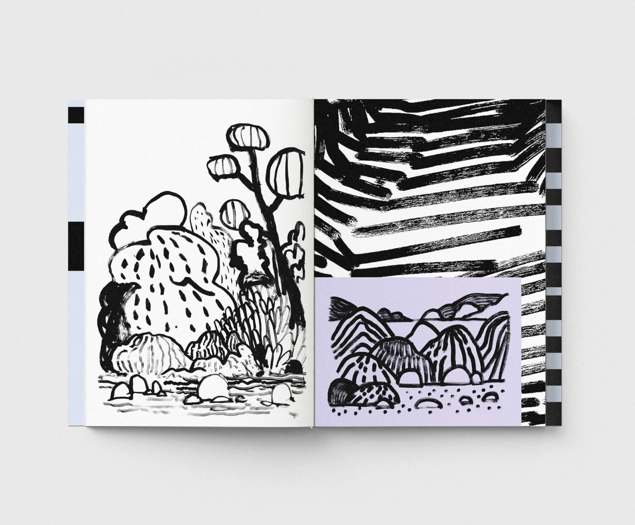 Open sketchbook spread showing black ink drawings of cacti and succulents on the left page and striped landscape forms on the right, bound with elastic band on spine