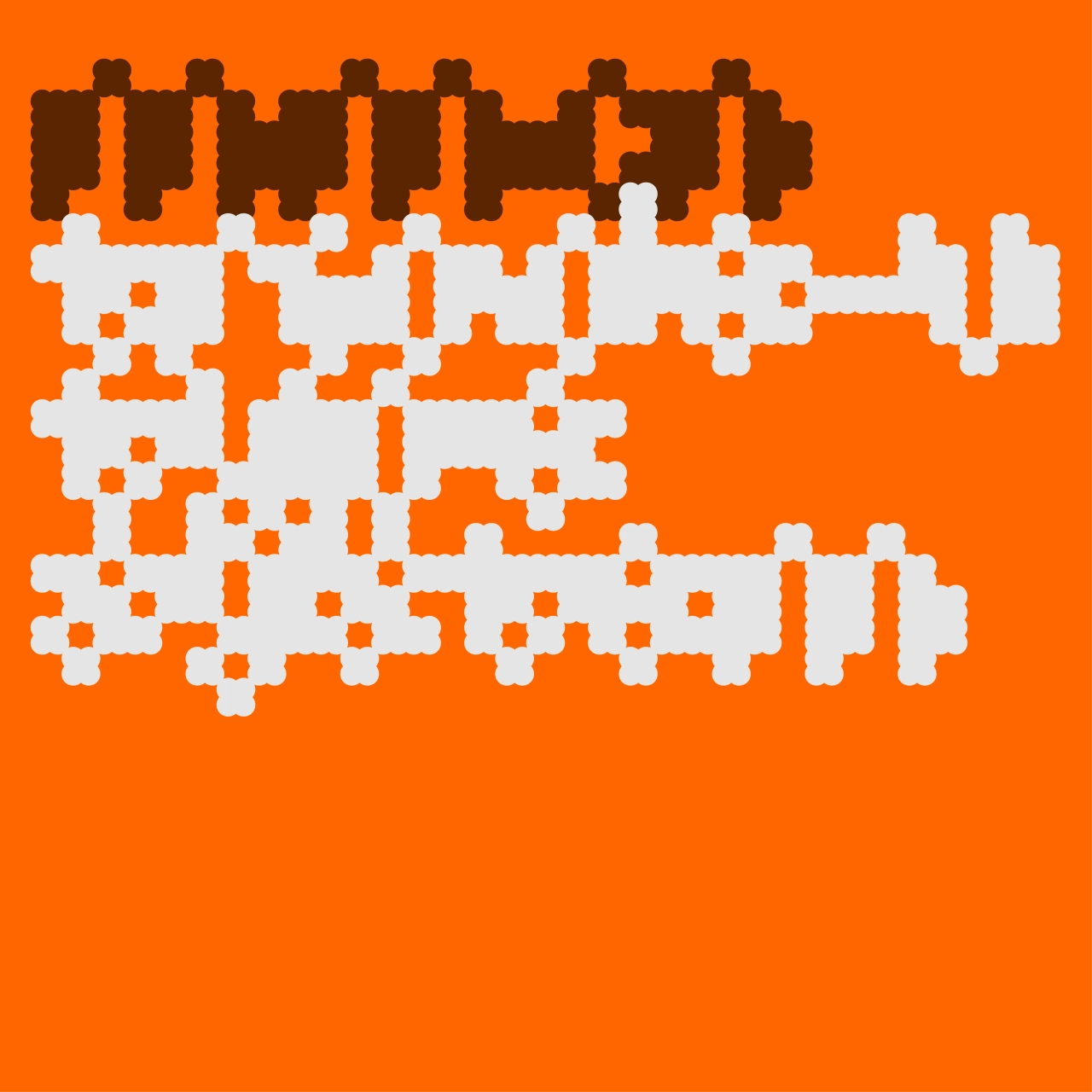 Pixelated brown and white letterforms arranged in three rows against an orange background, displaying a geometric typeface design