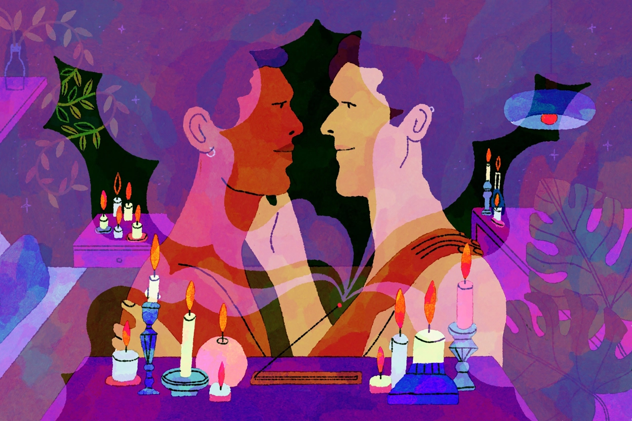Two silhouetted figures facing each other surrounded by colourful candles, potions and mystical objects against a vibrant purple background