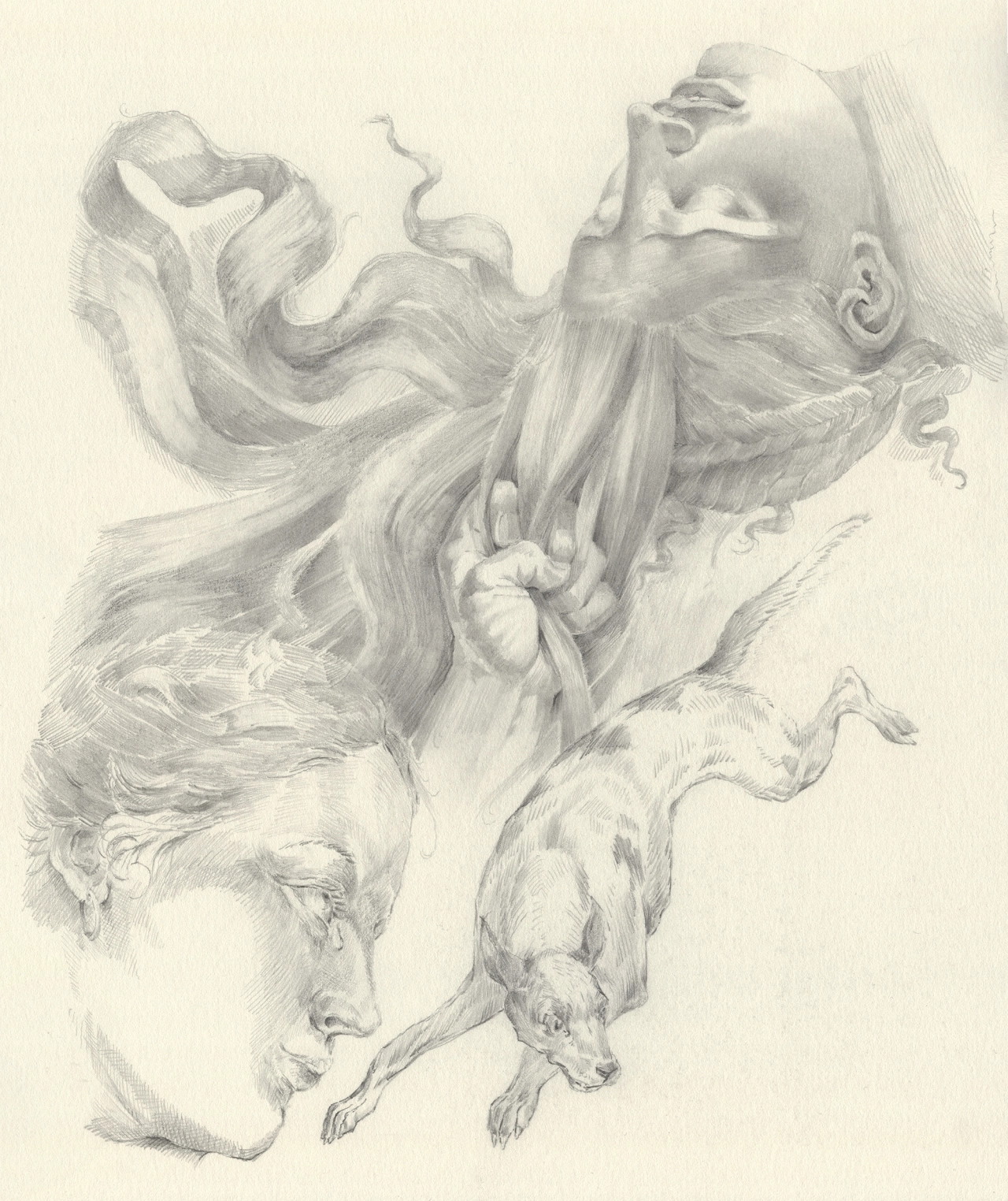 Pencil sketch of a man's face tilted back with flowing hair, alongside a woman's profile and a dog with an elongated snout