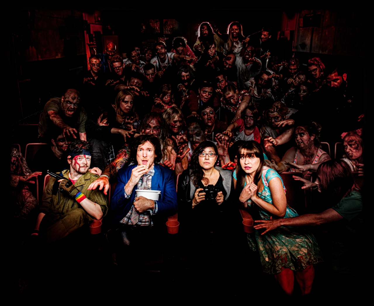 Promotional poster with Tony Hipwell, Miles Watts, Hannah Bungard and Lyndsey Craine © Zomblogalypse. Photography by Jim Poyner