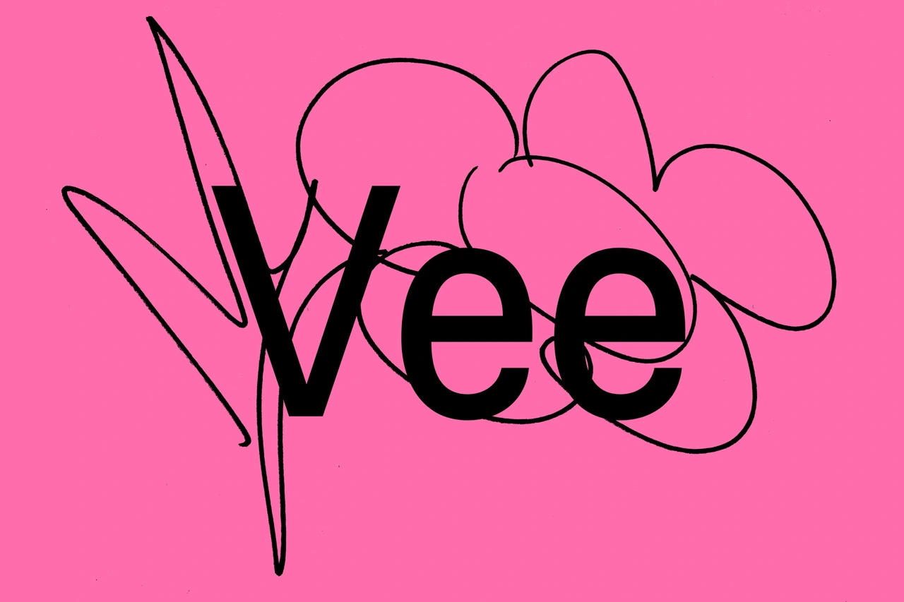 Vee typeface logo with black letters and organic floral line art on bright pink background