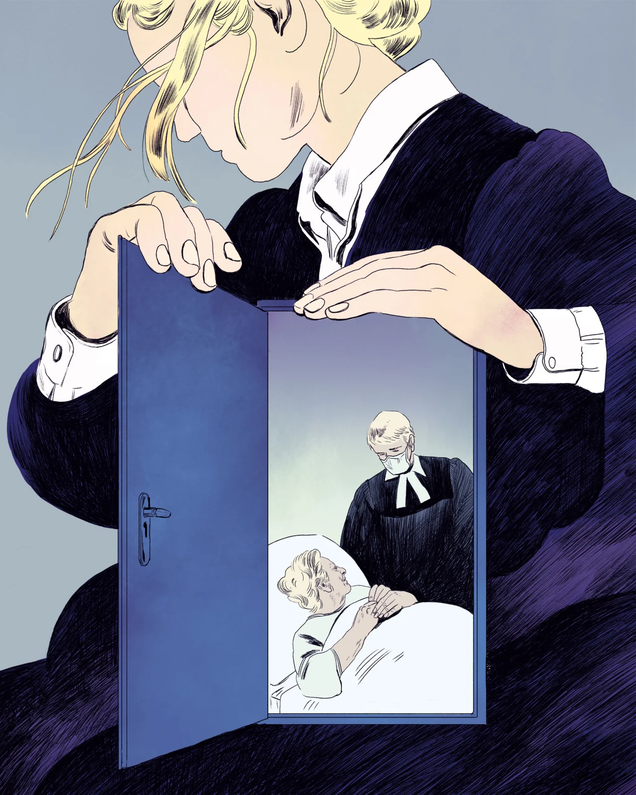 Woman in dark suit holds open a blue door, revealing a priest standing beside a hospital bed where an elderly patient lies