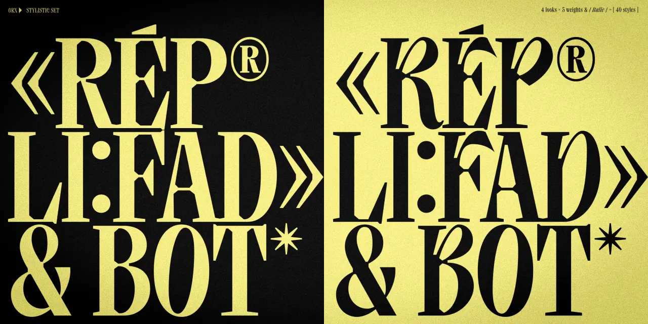Yellow and black versions of the Rép Li.Fad & Bot typeface logo with registered trademark and asterisk symbols