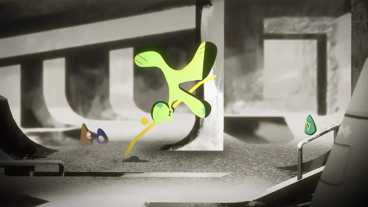 A bright lime-green character with flowing hair leans backwards in an exaggerated pose on a concrete surface within a brutalist structure, surrounded by smaller colourful characters