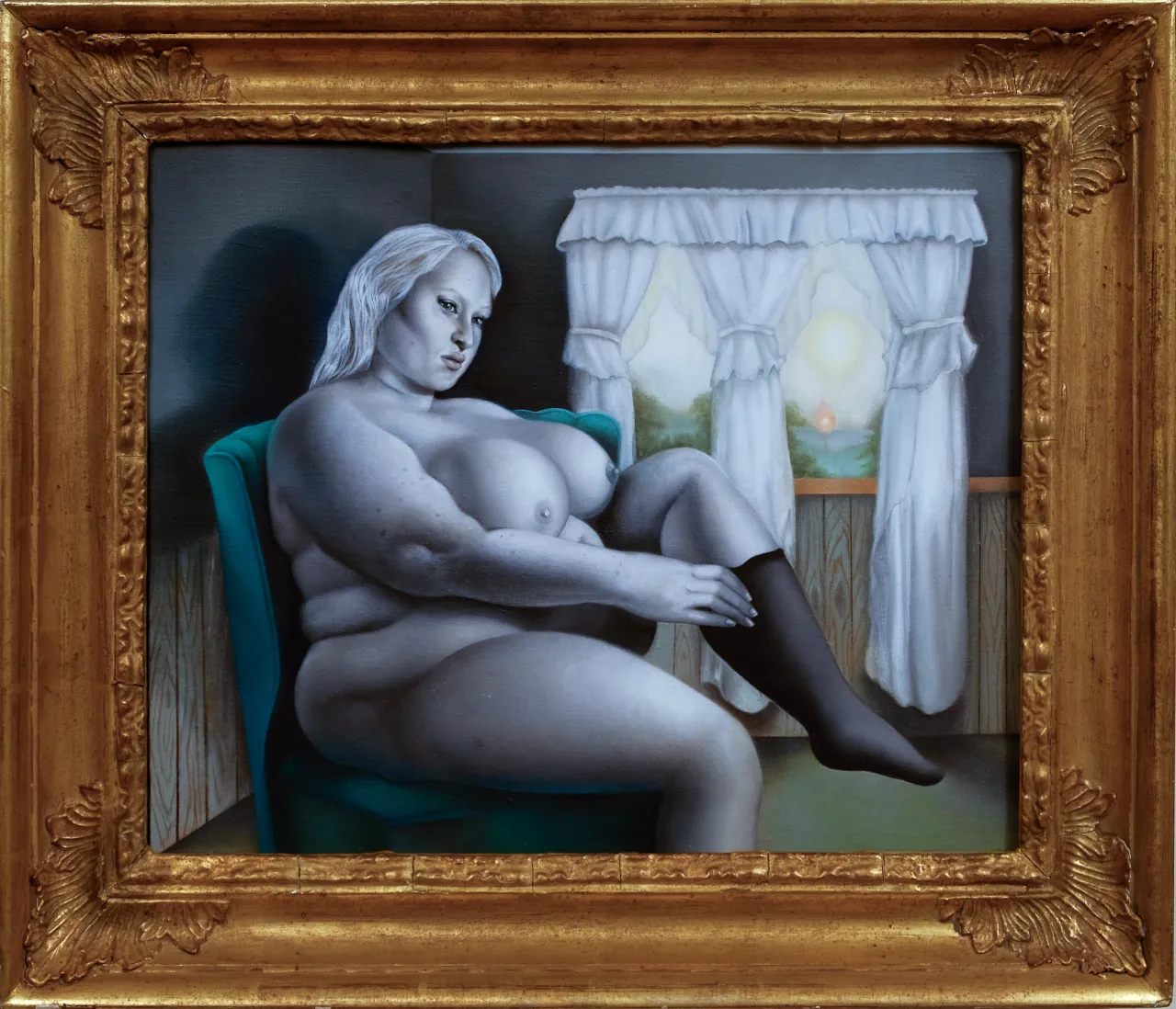 Backpage Black Stocking, 2018, Oil on linen with found frame, 21.5x18.5 inches © Alannah Farrell