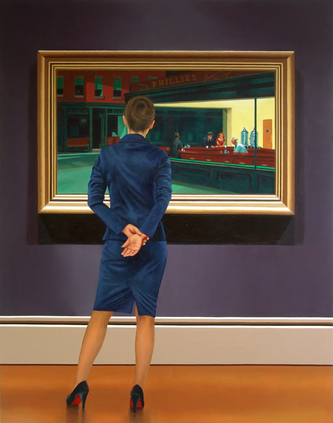 Nighthawks (Woman enjoying painting by Edward Hopper G. Boersma acrylic on masonite 59" x 48" or 150 x 120 cm 2018