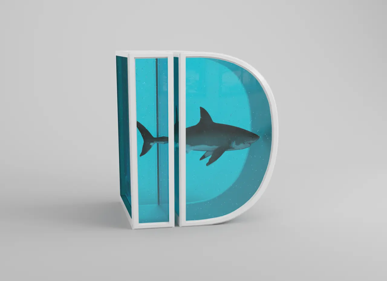 Three-dimensional letter D featuring a shark silhouette suspended in turquoise liquid, inspired by Damien Hirst's artwork
