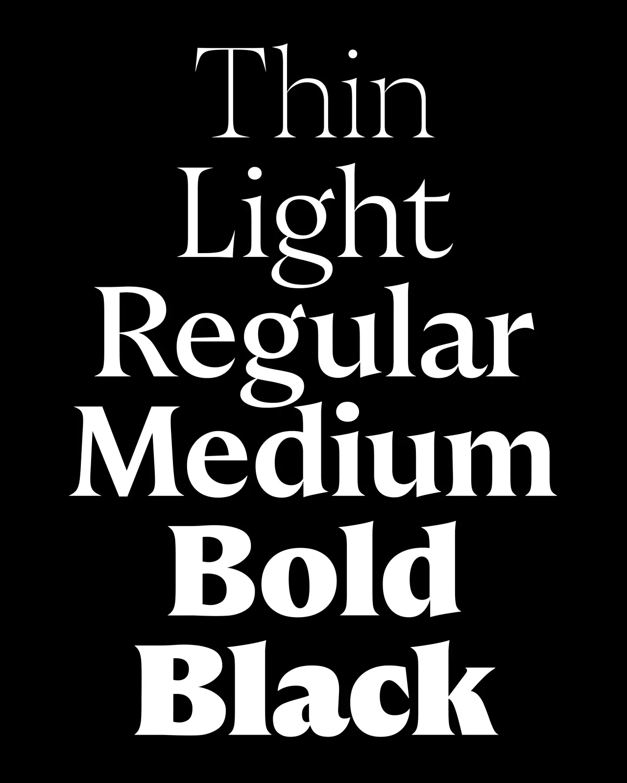 Castillon typeface displaying its weight range from Thin through Light, Regular, Medium, Bold to Black on a black background