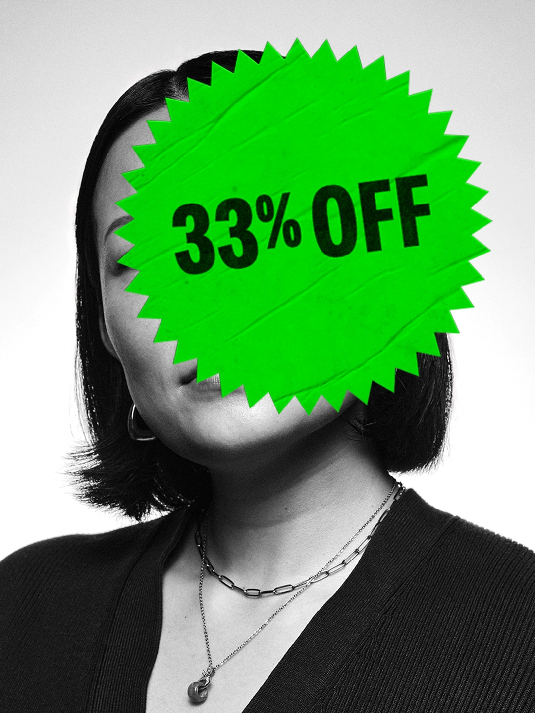 Black and white portrait of a person with a bright green starburst badge covering their face, printed with "33% OFF" in black text