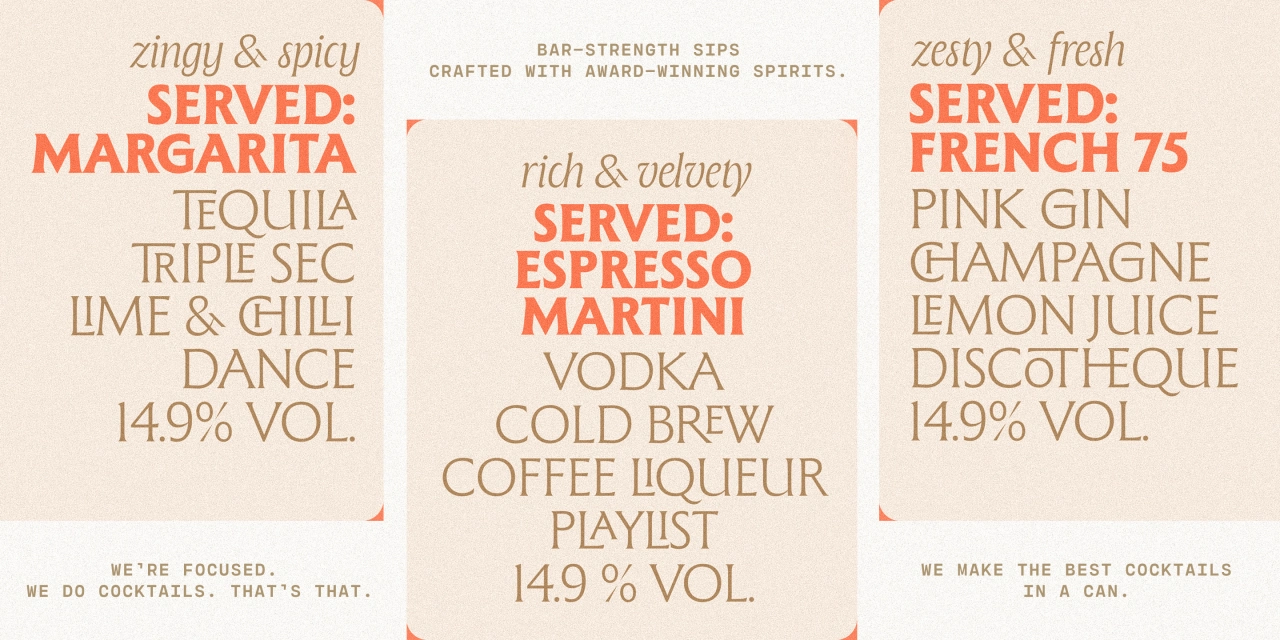 Three beige cocktail recipe cards displaying ingredient lists and alcohol content for margarita, espresso martini and French 75 drinks