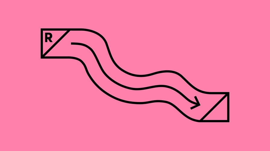 Stylised illustration showing two rectangular boxes connected by flowing wavy lines with arrows on a pink background, representing the Ravensbourne rebrand