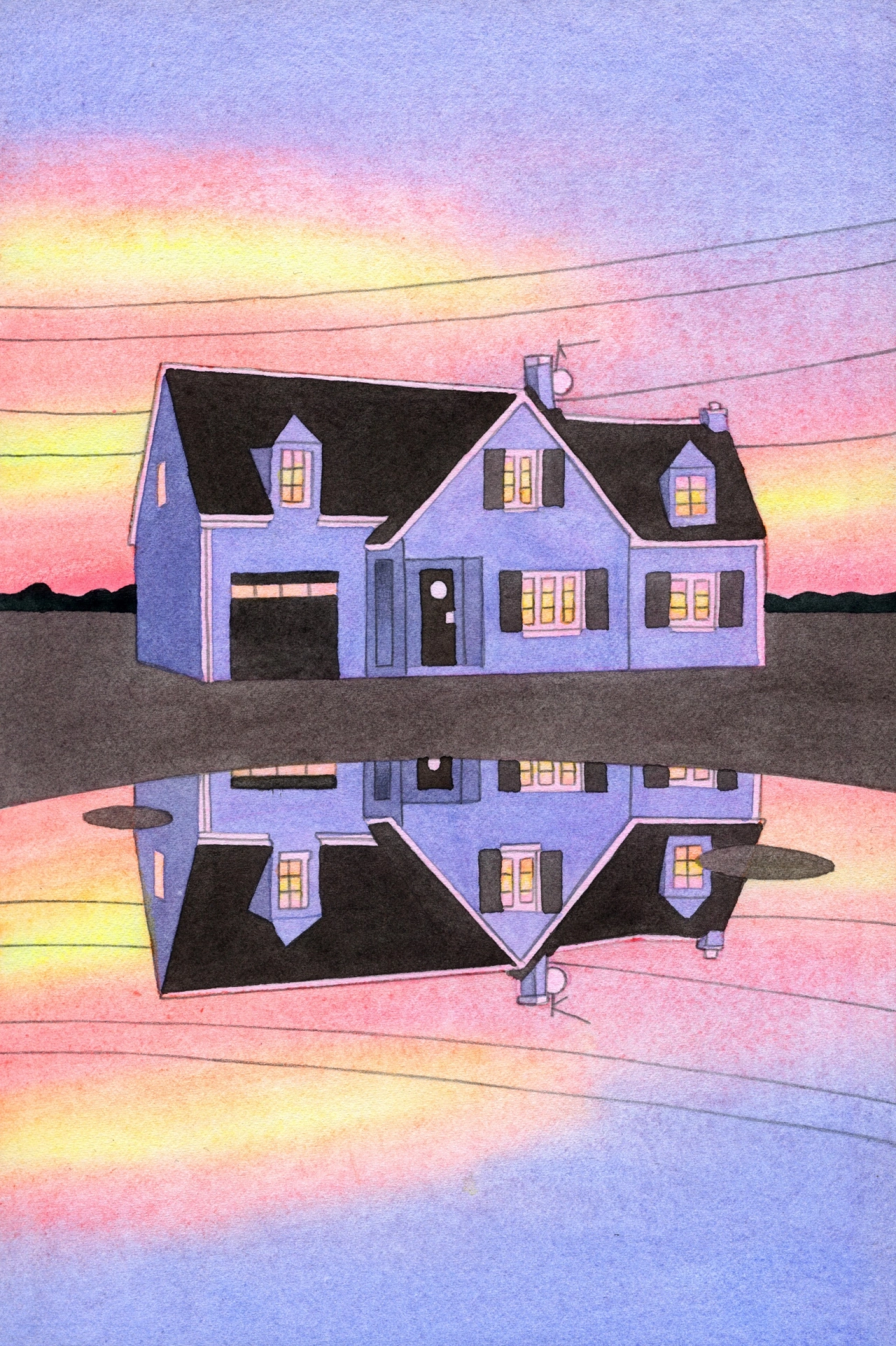 Blue house with lit windows reflected below against a pastel sunset sky with power lines
