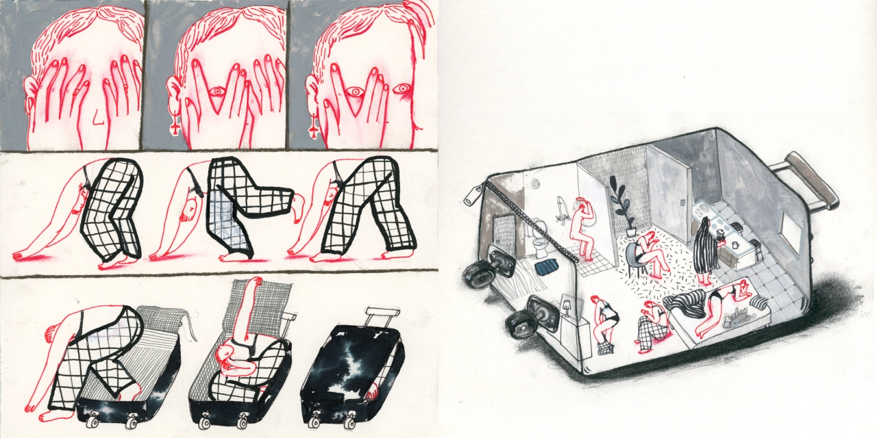 Sketches showing a series of figure studies with pink ink drawings of contorted human forms and hands, alongside a wheeled luggage case decorated with similar pink ink illustrations
