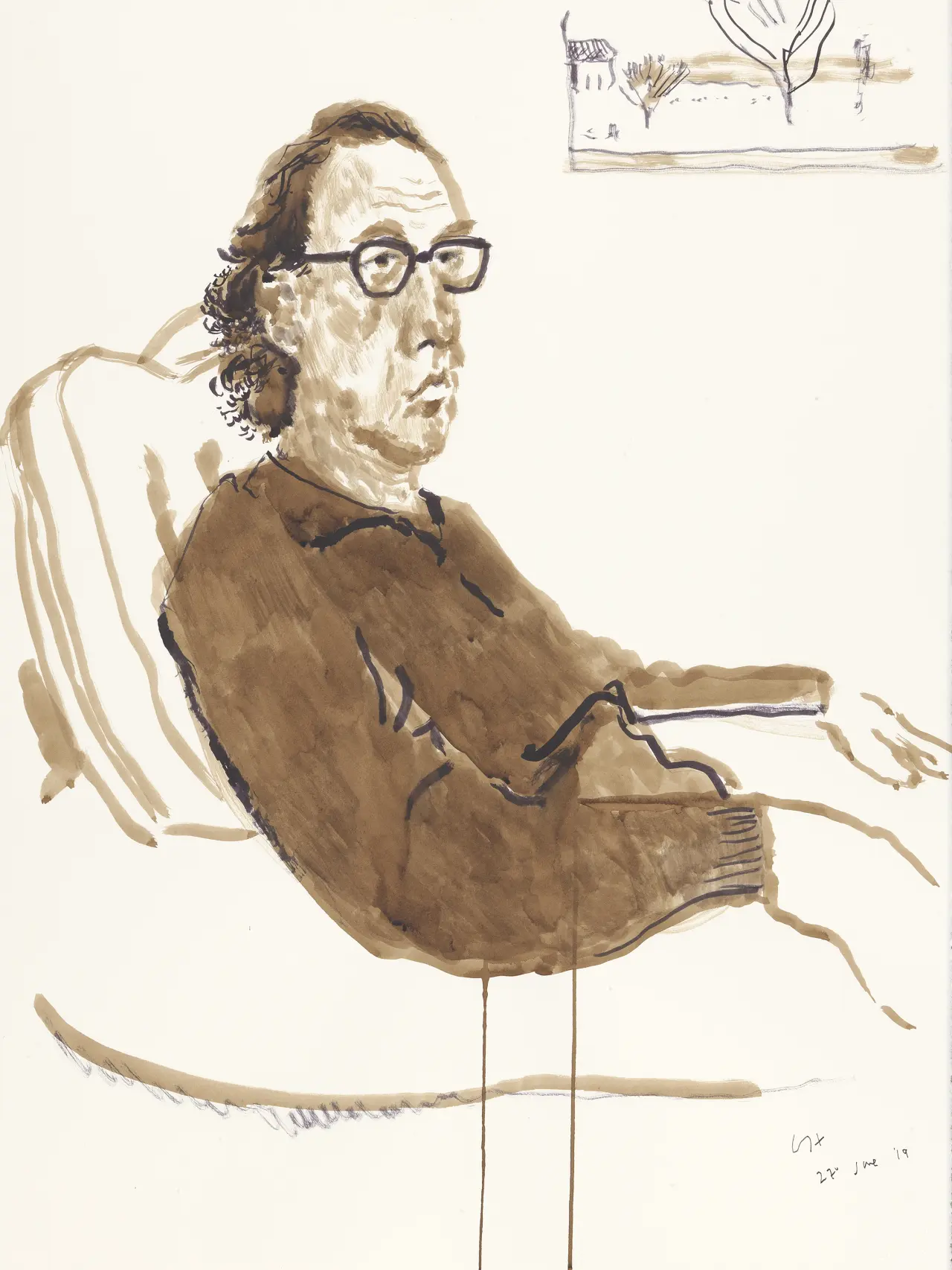 David Hockney "Gregory Evans I, 27th June 2019" Ink on paper, 30 1/4 x 22 5/8"