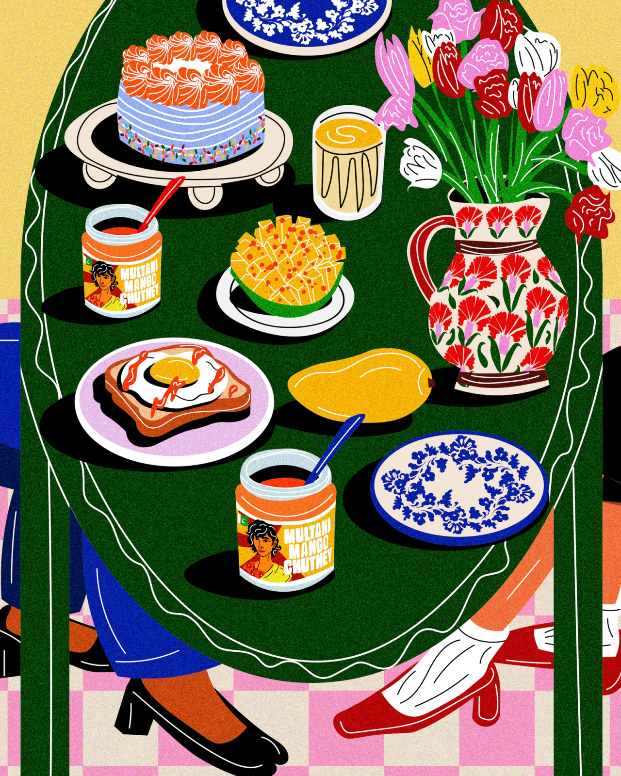 Colourful tablescape illustration featuring cakes, toast, flowers in a patterned pitcher, condiments and tableware arranged on a green surface with a checkered border below
