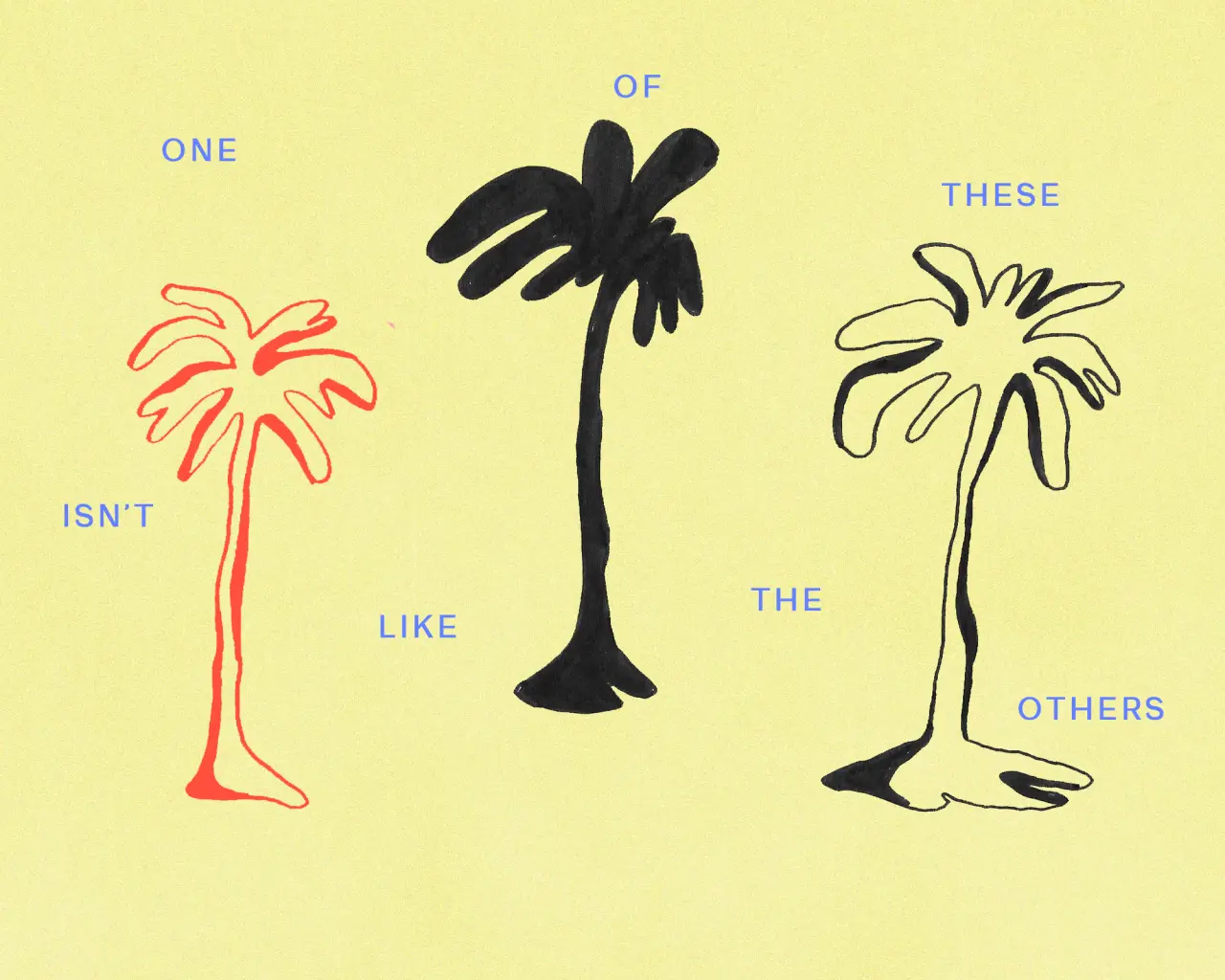 Three simple line-drawn palm trees in red, black and cream on a yellow background, with text reading "One of these isn't like the others