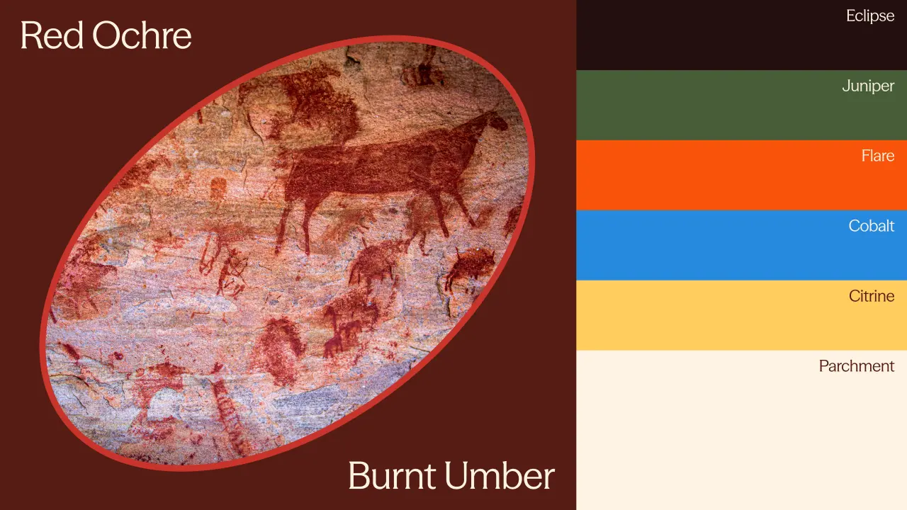 Red ochre and burnt umber pigment swatches displayed as oval colour samples with labels on a neutral background