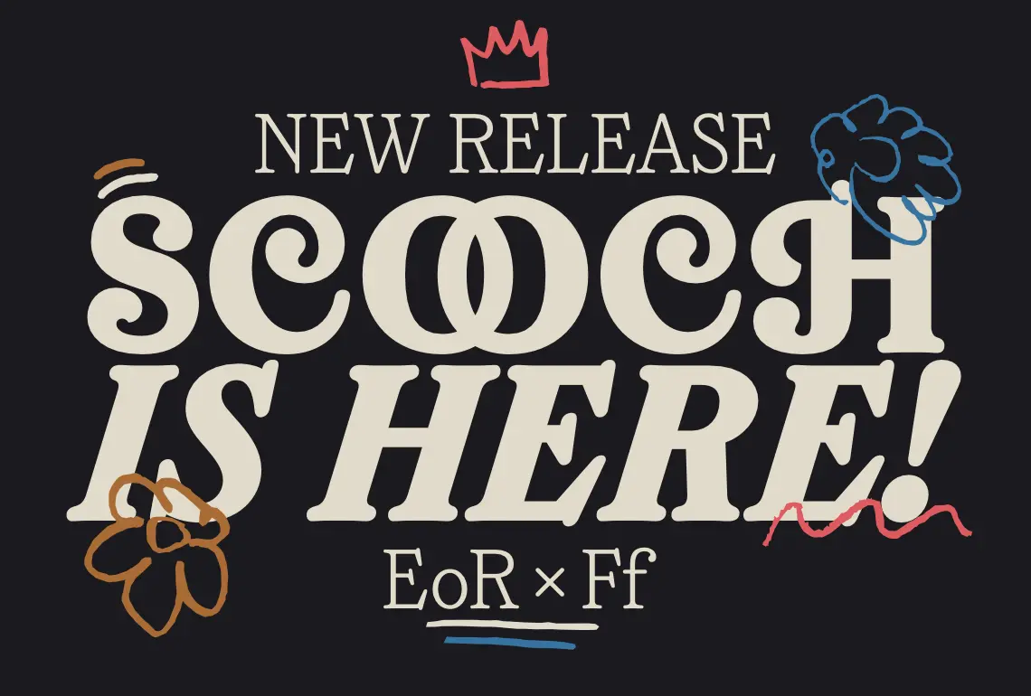 Cream-coloured text reading "New Release Scotch Is Here" with a red crown, blue thistle and orange and red decorative elements, credited to EoR × Ff on dark background