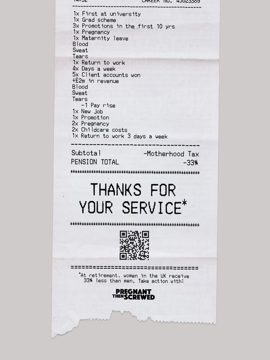 A receipt-style printout showing career milestones with financial outcomes, ending with "Thanks for your service" and promoting Pregnant Then Screwed's campaign highlighting that UK women retire with 33% smaller pensions than men