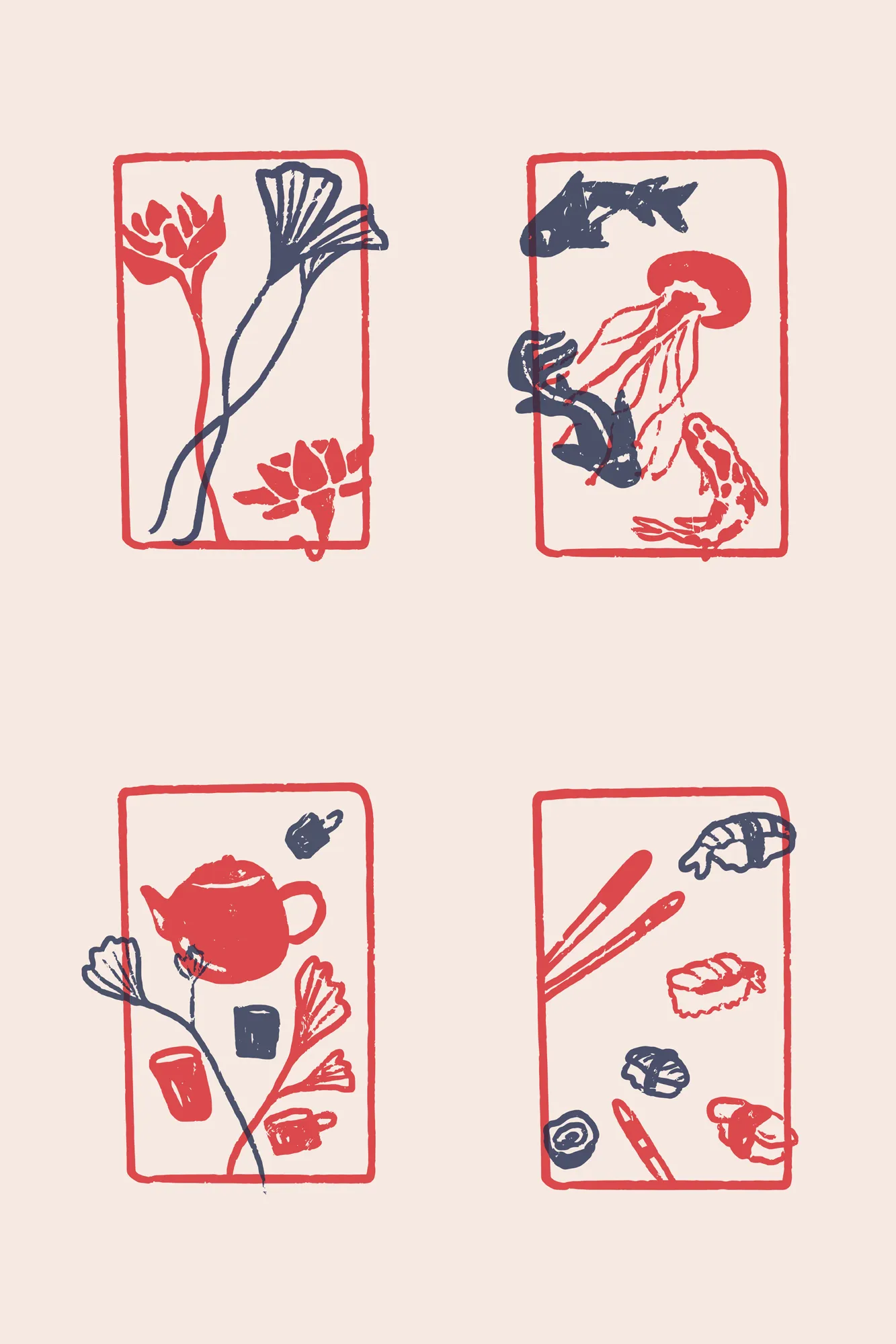 Four rectangular illustrations in a 2×2 grid, each framed with red rounded borders and containing line drawings in red and navy blue.