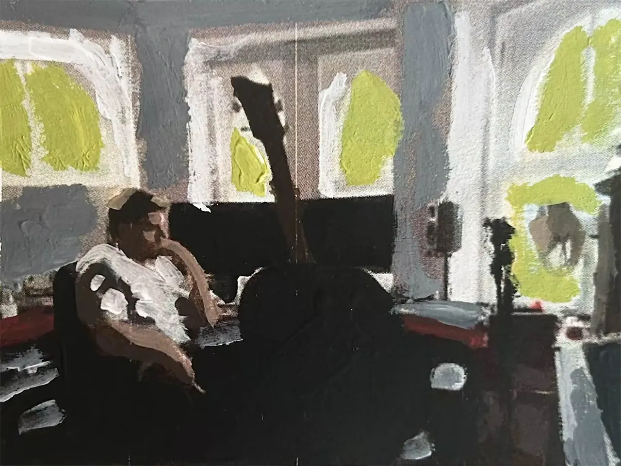 Person silhouetted against bright windows with lime green foliage visible outside, painted in Ellie Campbell's hand-painted rotoscope animation style