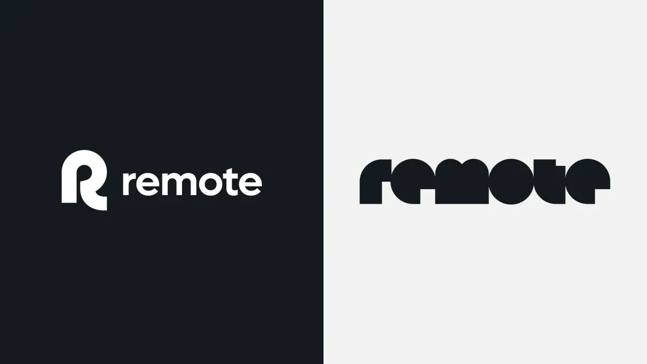 The Remote logo in white on a dark navy background, alongside the Remote wordmark in black on a light grey background, showing the new identity design