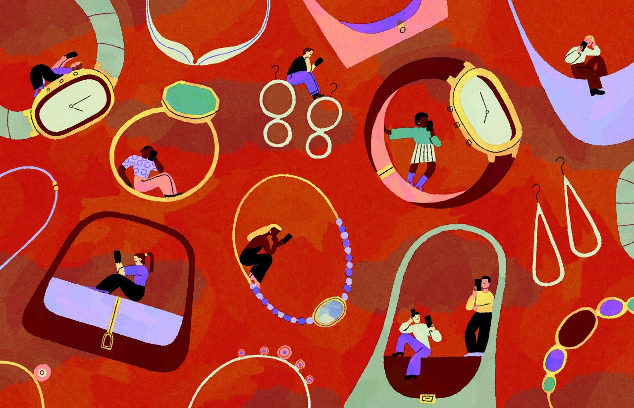 Colourful illustrated scene with multiple figures interacting with oversized jewellery and accessories on a vibrant red background