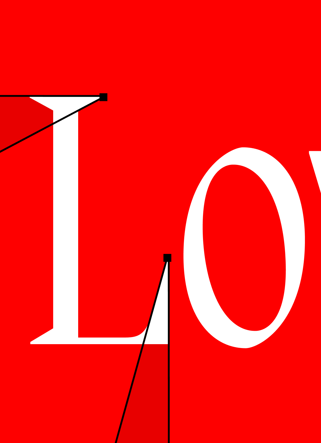 White letter L and O forming "LO" with black lines resembling Cupid's arrow on bright red background