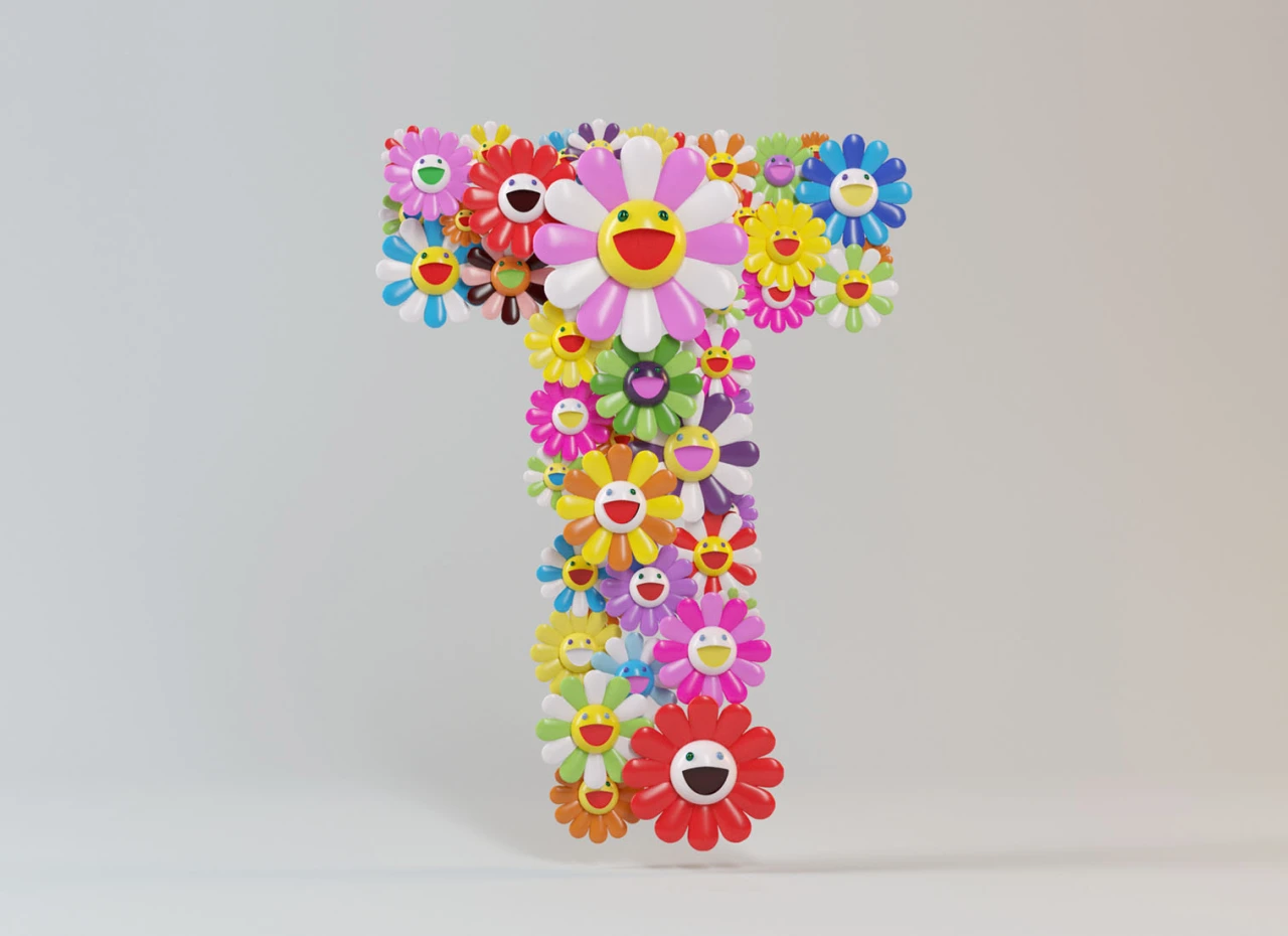 Letter T composed of colourful smiling flowers inspired by Takashi Murakami's iconic daisy motifs