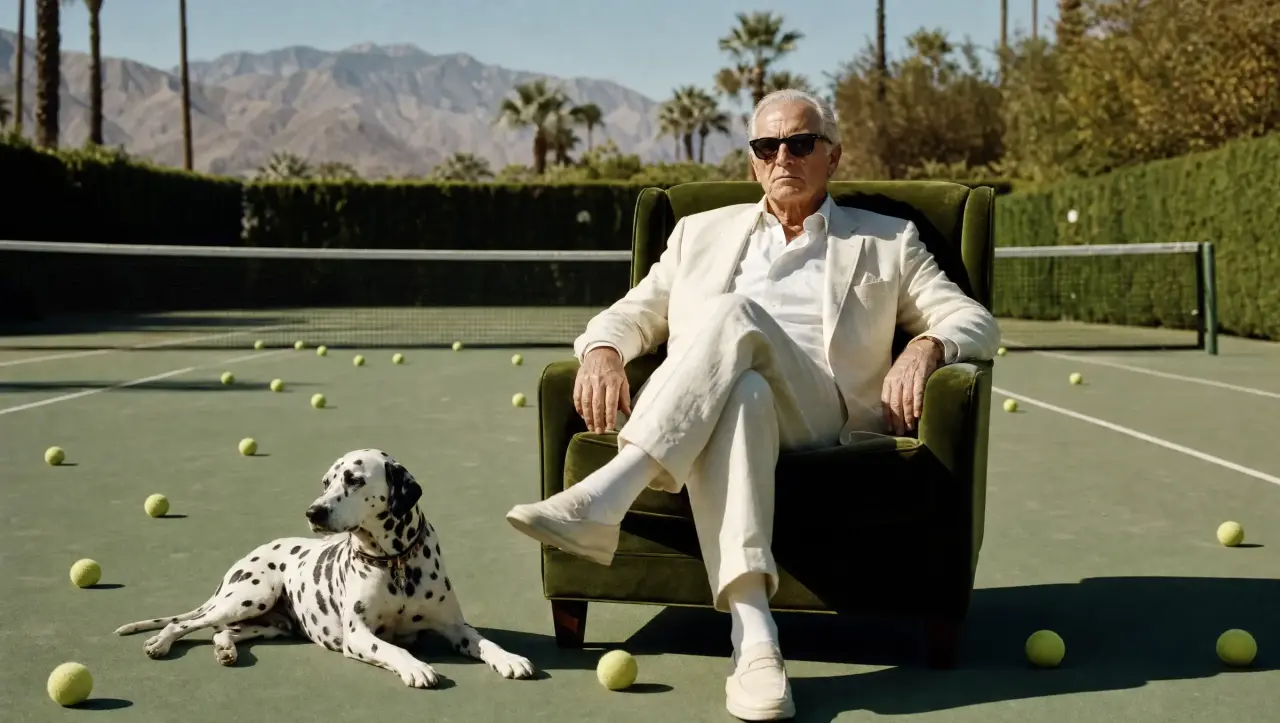 Man in cream suit and sunglasses sitting on green chair on tennis court with dalmatian dog and scattered tennis balls, mountains visible in background