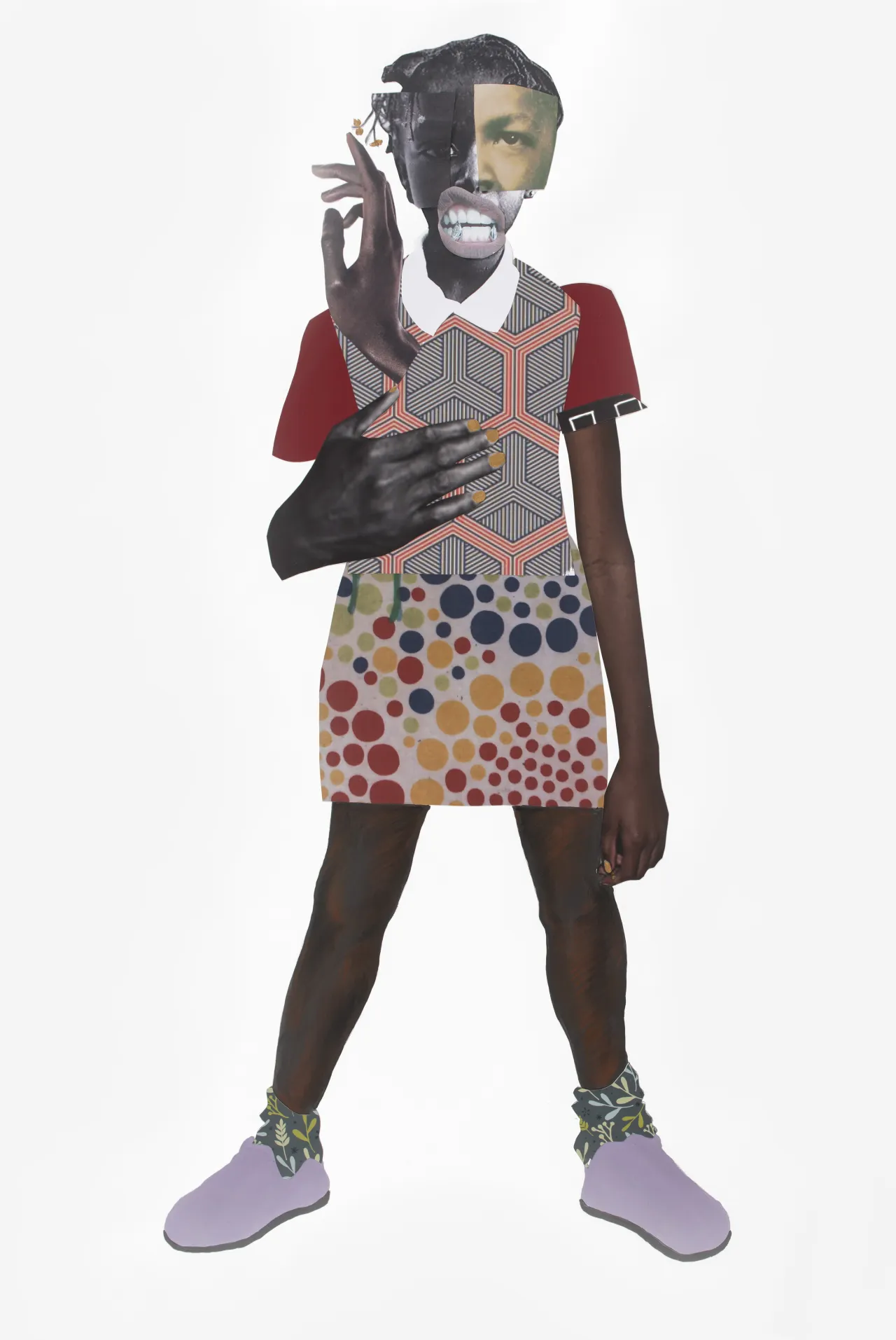 Deborah Roberts, ‘The inbetween’, 2019. Mixed media collage on paper, 111.8 x 81.3cm (44 x 32in). Copyright Deborah Roberts. Courtesy the artist and Stephen Friedman Gallery, London