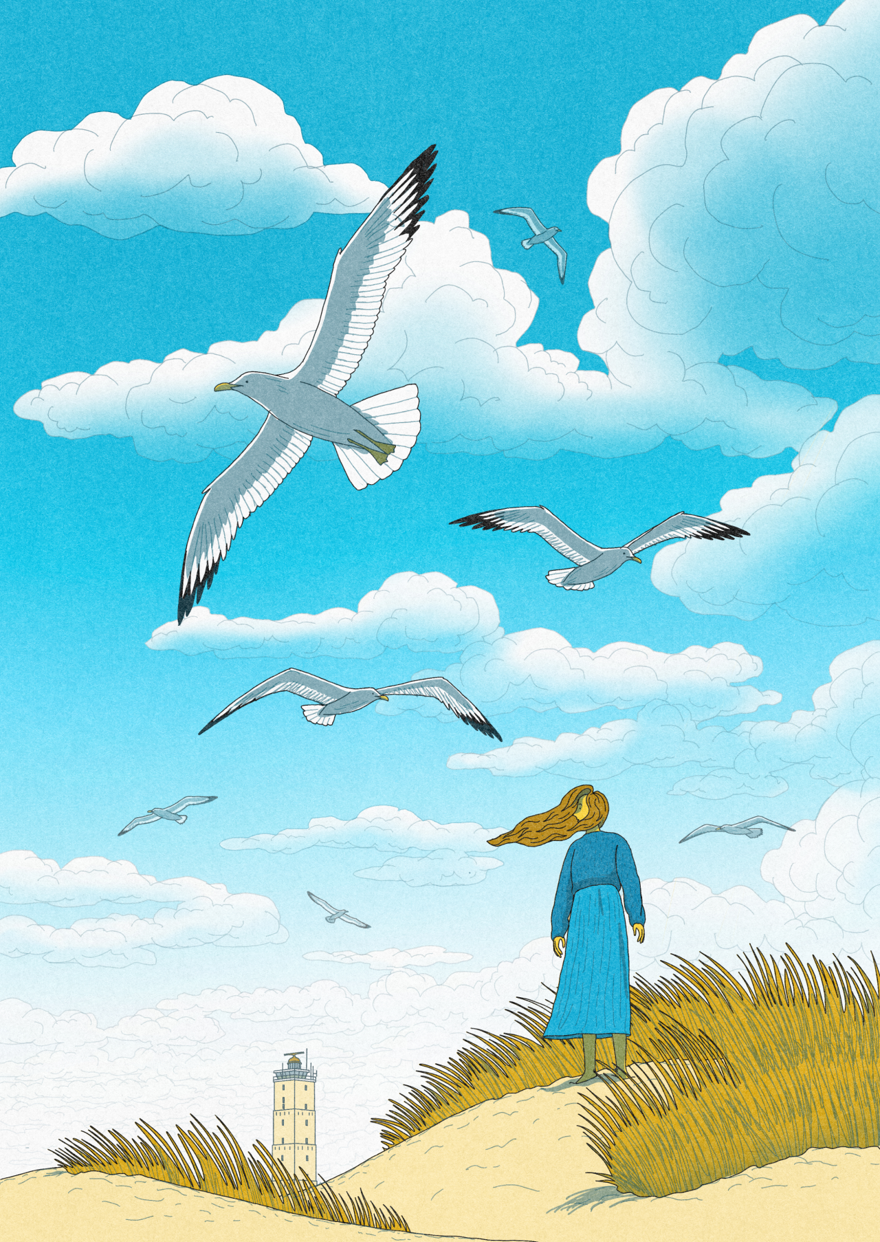 Woman in blue dress standing on sand dunes watching seagulls flying in a blue sky with white clouds and a lighthouse in the distance