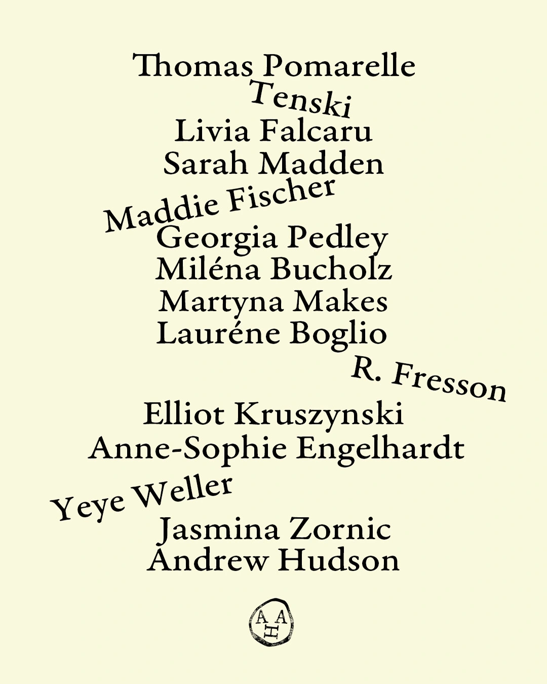 A cream-coloured page listing the names of 16 illustrated artists and designers represented by A Human Agency, with a small circular logo at the bottom