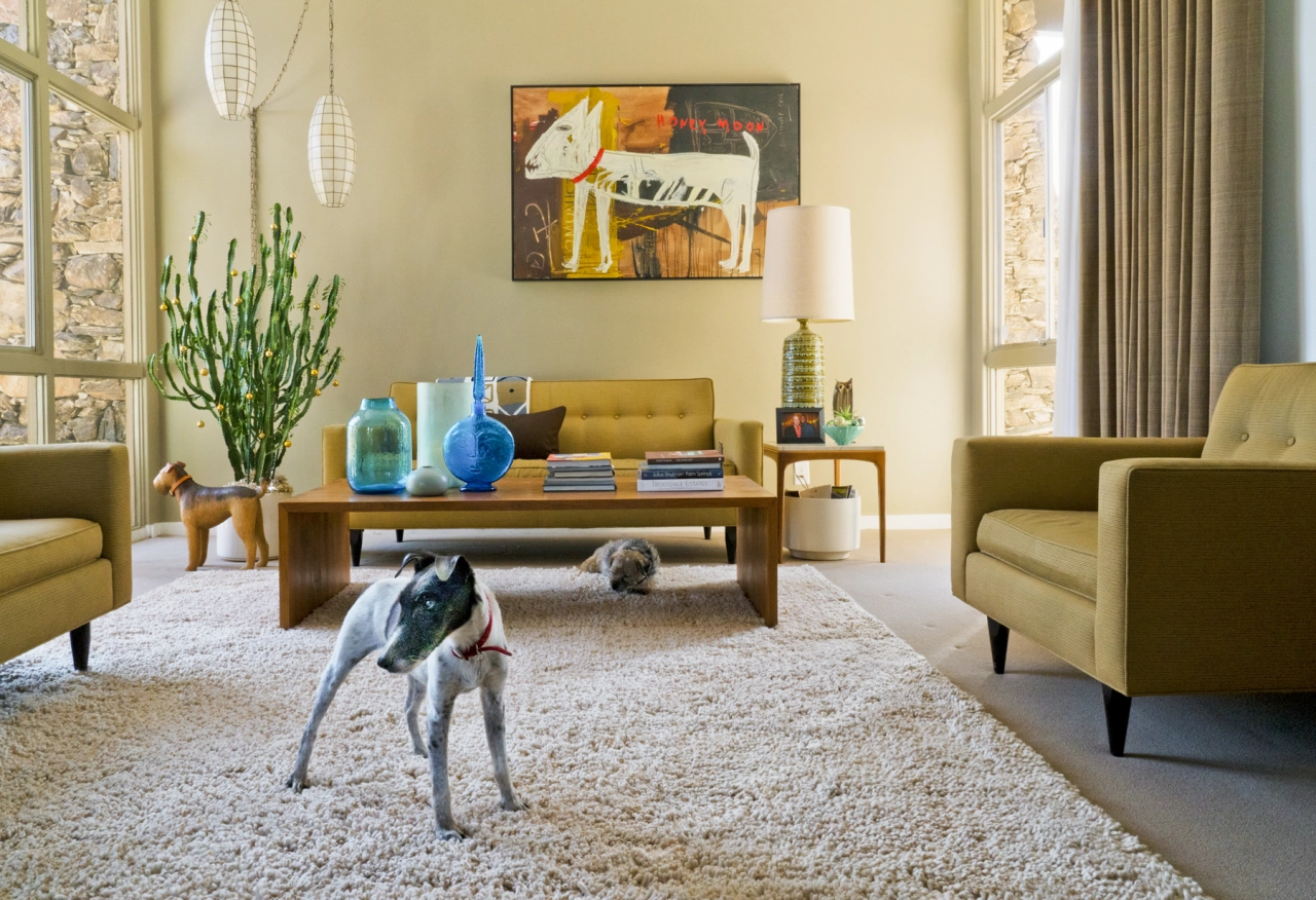 Winston and Peanut (under the table), Smooth Fox Terrier, Border Terrier, Rescues, Architect: Donald Wexler, 1965 © Nancy Baron