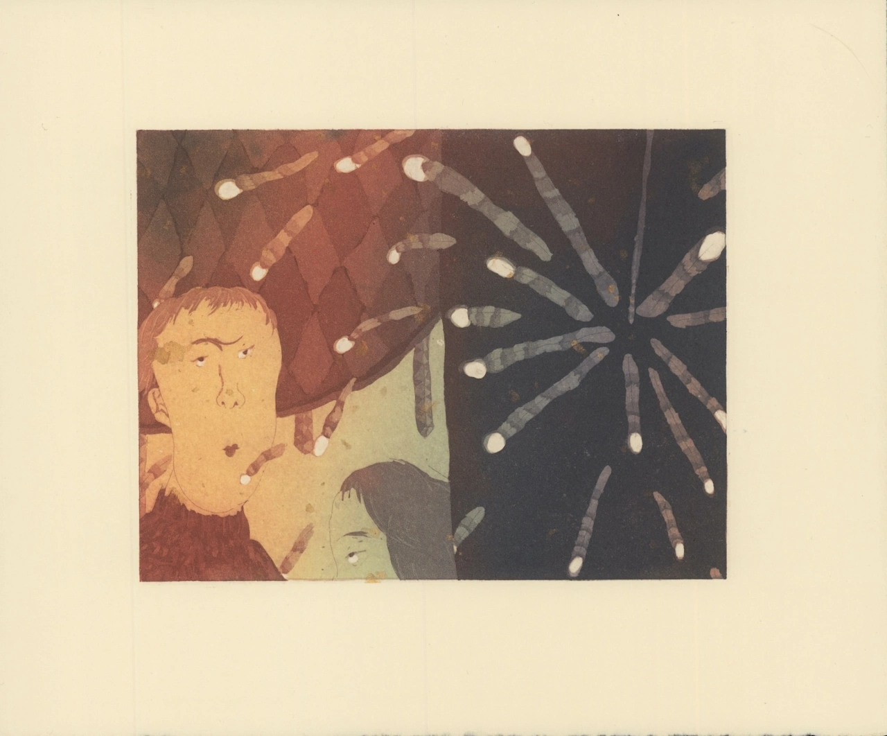 Stylised portrait of a person with reddish-blonde hair gazing upward beside an abstract firework pattern radiating white and grey lines against a dark background