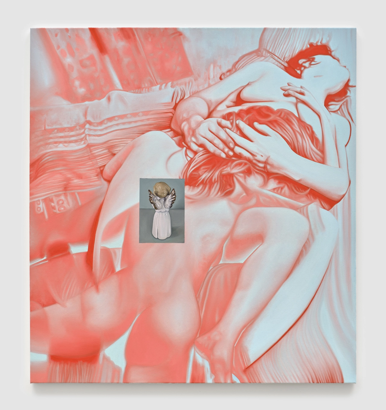 Coral-toned painting of an embracing figure with a small framed image of a sculptural head mounted at its centre
