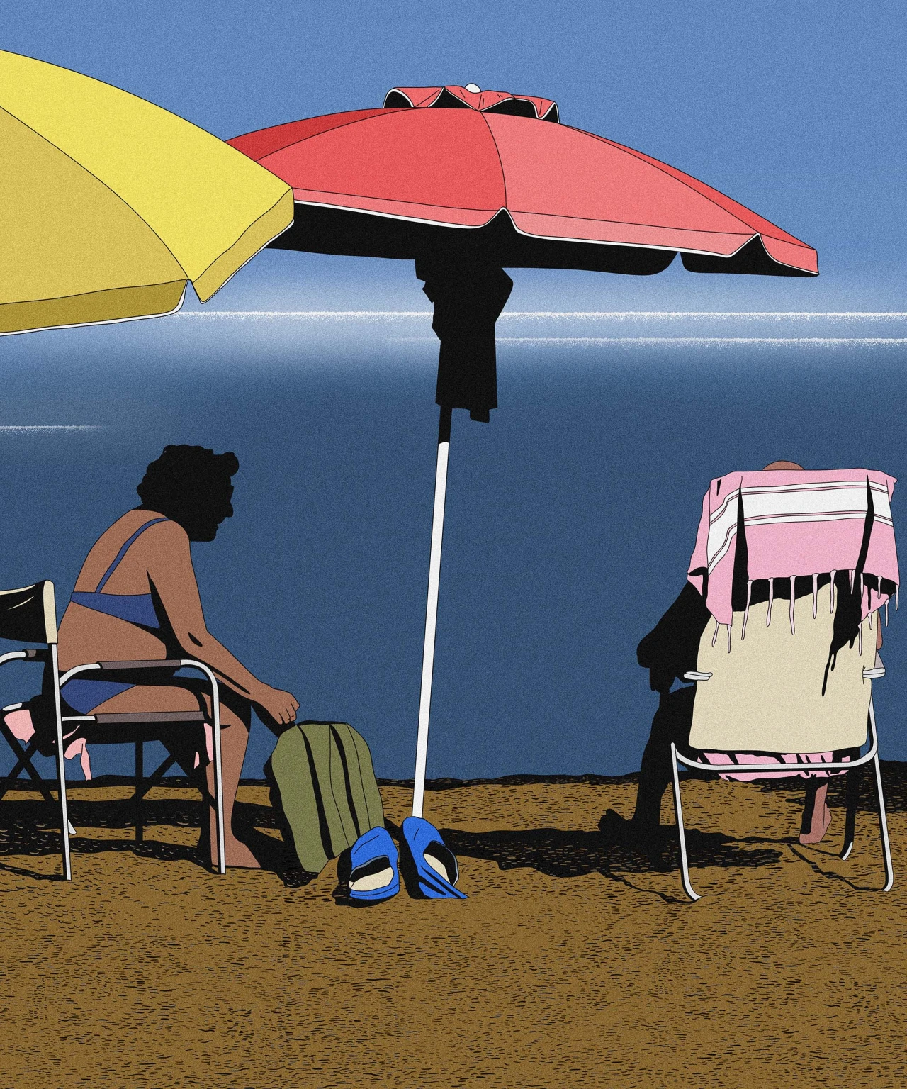 Silhouetted figures relax beneath a red beach umbrella on sand with the sea beyond, illustrated in flat colour blocks by Ana Popescu