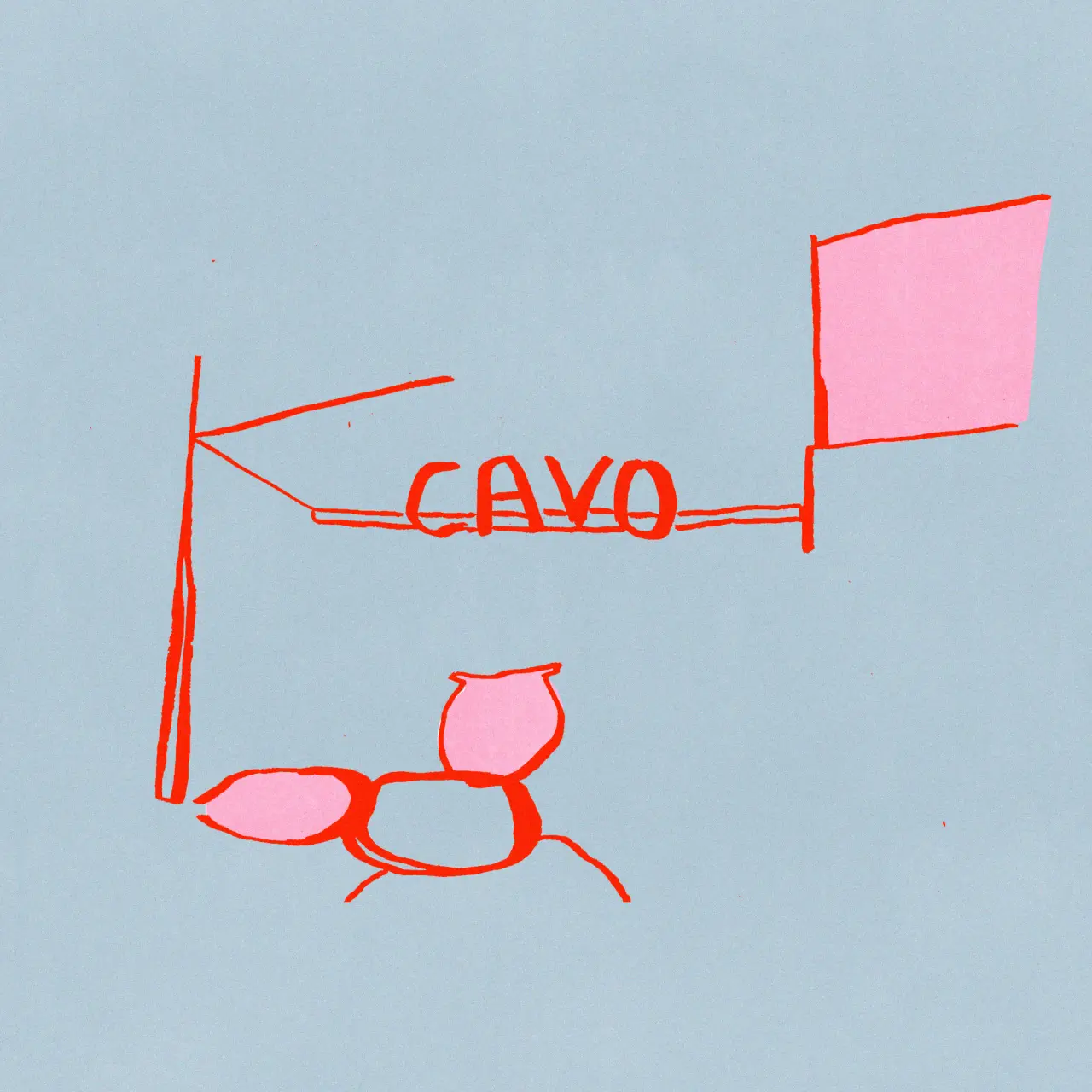 Red line drawing of a stick figure holding a flag pole with pink flag, connected to text reading "cavo", with a simple pink and red creature below on a light blue background