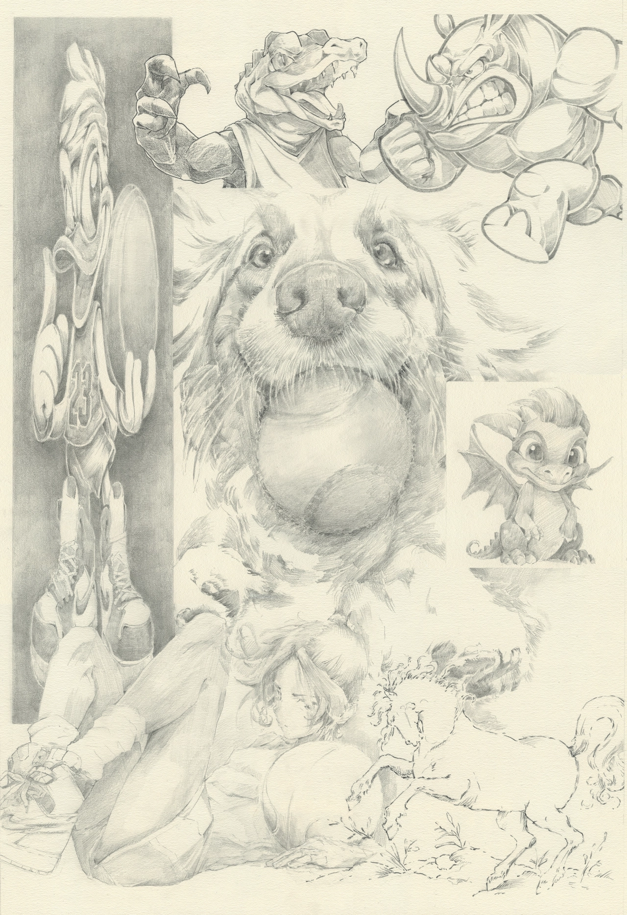 Pencil sketch of a friendly dog's face surrounded by whimsical fantasy creatures, magical objects and a reclining figure in a detailed composition