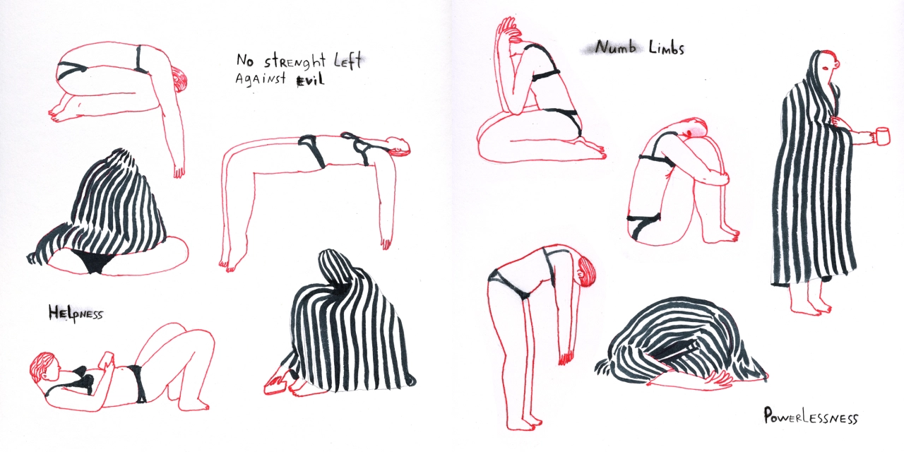 Sketchbook page with annotated figure studies in pink and black ink, showing women in various poses labelled "No straight left against evil", "Numb limbs", "Helpless" and "Powerlessness