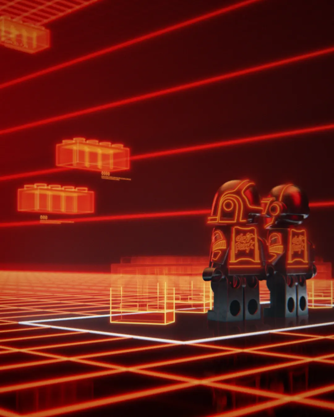 Neon-lit retro-futuristic scene with glowing orange robot and floating geometric shapes against a grid floor and red laser beams