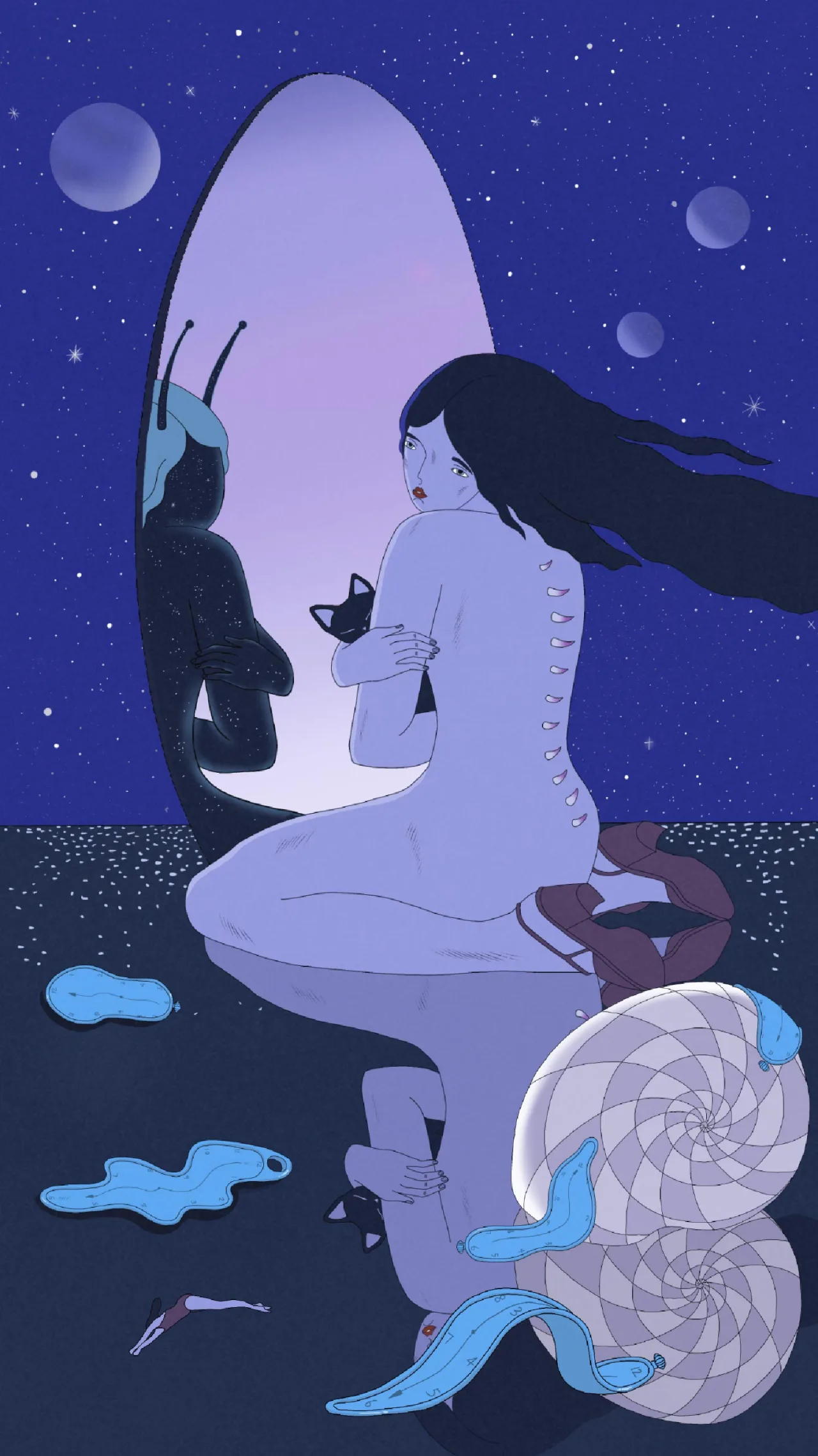 Woman with long black hair sitting beside a large egg-shaped mirror reflecting an alien creature, holding a black cat, surrounded by blue organic forms and spheres against a starry night sky