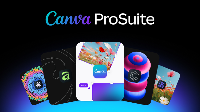Canva ProSuite logo with product icons representing design, video, animation and AI tools arranged on a dark background with blue lighting