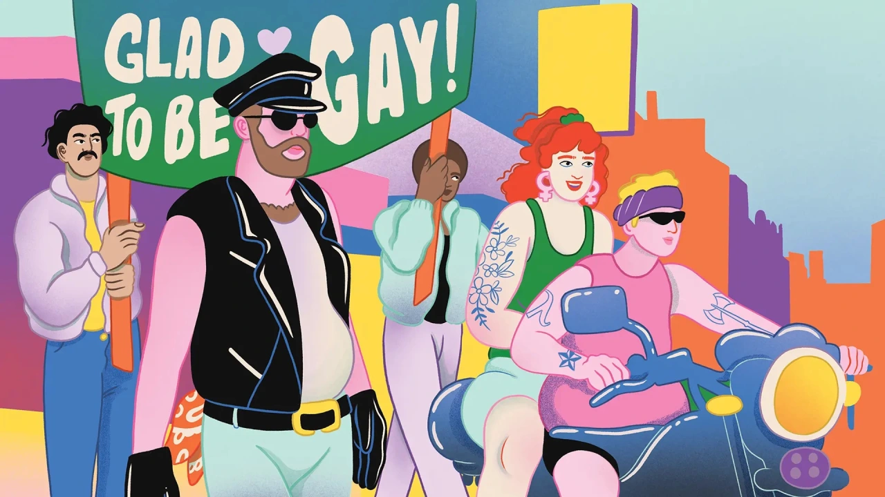 Colourful illustration of five people in vibrant clothing and accessories celebrating, with a "Glad to be gay!" banner and cityscape behind them