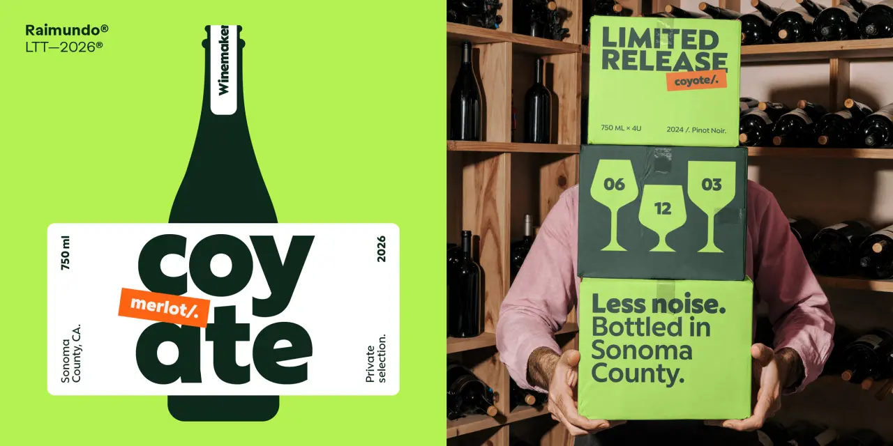 Raimundo typeface displayed on bright green background alongside limited release wine label featuring playful wine glass illustrations in green tones