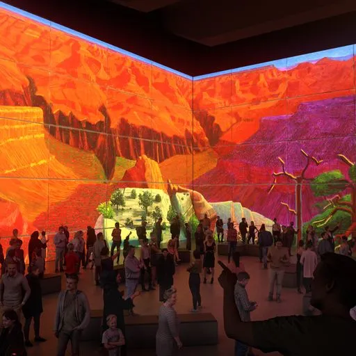 Installation of David Hockney’s "A Bigger Grand Canyon" 1998 Oil on 60 canvases , 81 1/2 x 293" overall, © David Hockney Collection National Gallery of Australia, Canberra