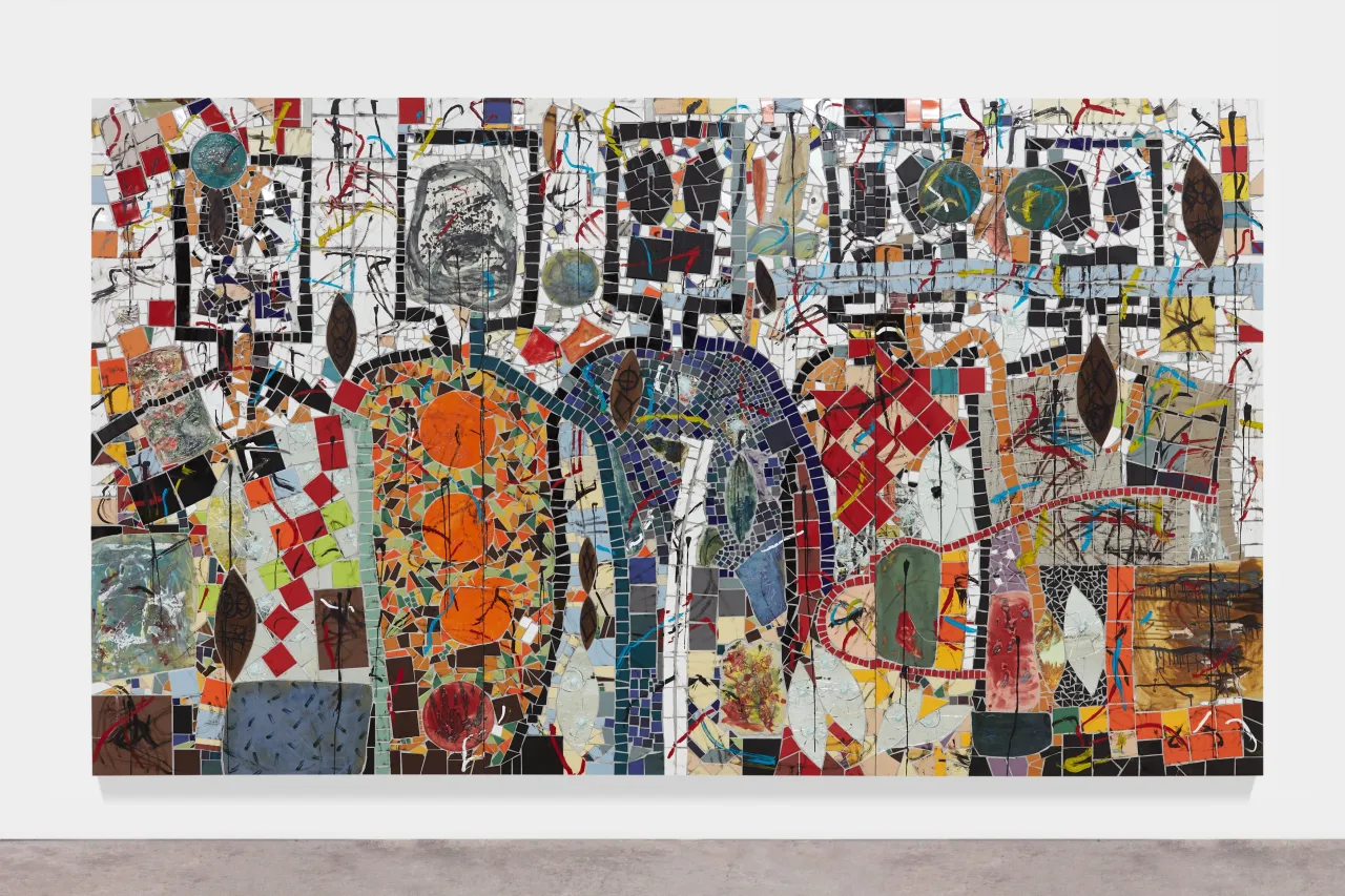 Rashid Johnson The Broken Five 2020 Ceramic tile, mirror tile, spray enamel, oil stick, black soap, wax 250.2 x 430.5 cm Photo: Martin Parsekian